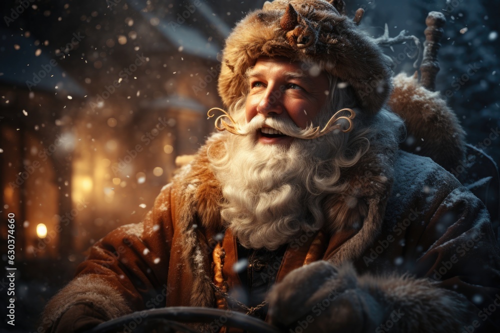 Santa Claus smiling and magical  flying through the night with his sled and deer.