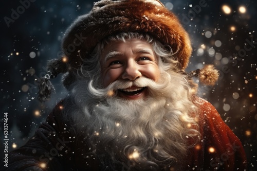 Santa Claus smiling and magical flying through the night with his sled and deer.