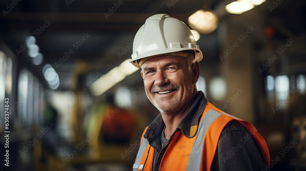 Portrait of a smiling male engineer at a construction site, confidently overseeing operations, maintaining safety standards, and ensuring the efficient work being done. Portrait of a smiling male engineer at a construction site, confidently overseeing operations, maintaining safety standards, and ensuring the efficient work being done.