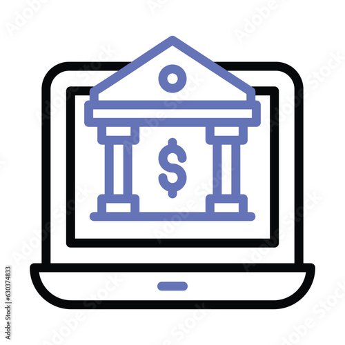 Bank building with laptop depicting bank website or online banking concept icon