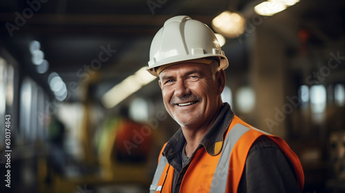 Portrait of a smiling male engineer at a construction site, confidently overseeing operations, maintaining safety standards, and ensuring the efficient work being done. © Chamli_Pr