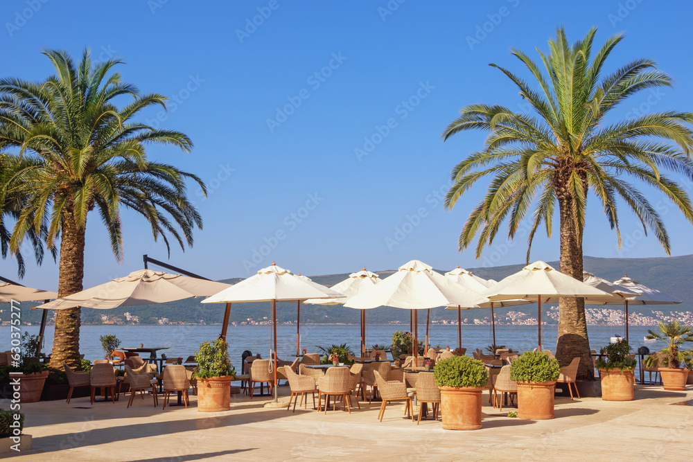 Beautiful summer Mediterranean landscape. Montenegro, Bay of Kotor. View of embankment of Tivat city on sunny day Beautiful summer Mediterranean landscape. Montenegro, Bay of Kotor. View of embankment of Tivat city on sunny day
