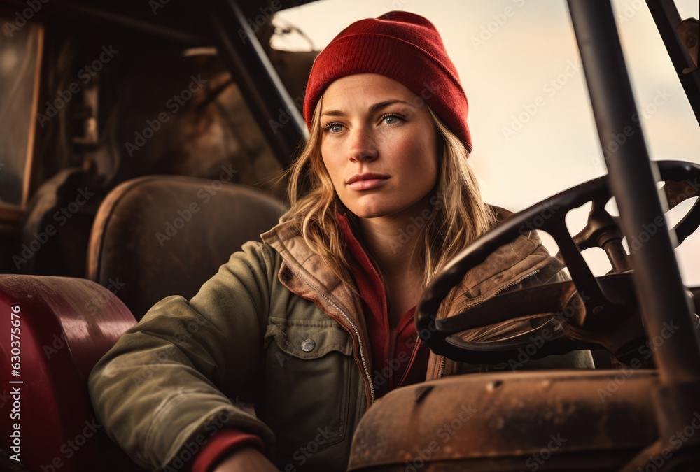 Portrait of a beautiful farmer young woman in her tractor. Generative AI. Portrait of a beautiful farmer young woman in her tractor. Generative AI.