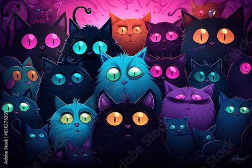 the entire gang of cats, in the style of purple and cyan, graphic design influence. Generative AI photo