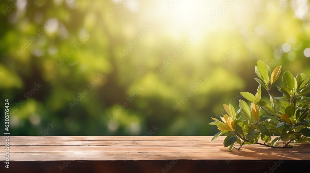 Beautiful spring background with green juicy young foliage and empty wooden table in nature outdoor