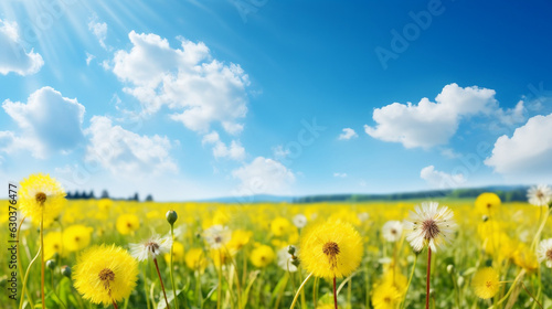 Stunning meadow field with fresh grass and yellow dandelion flowers in nature against a blurry blue sky with clouds