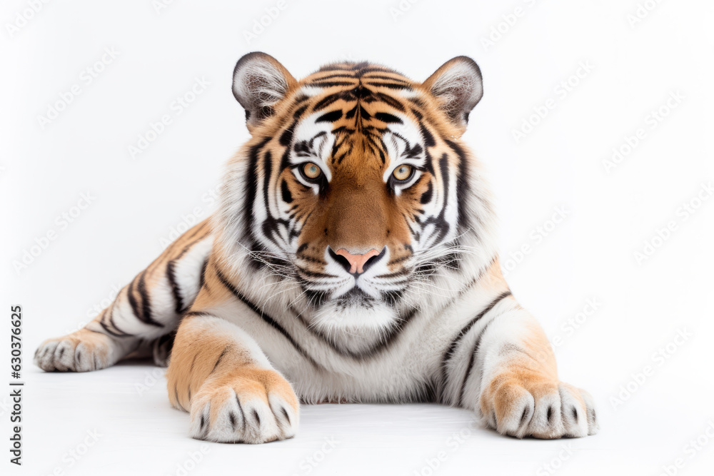 Fototapeta premium Siberian tiger lying on white background.