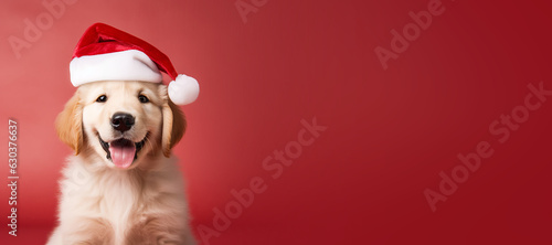 Happy Golden Retriever puppy wearing a Santa hat. Christmas pet theme banner design with copy space. Generative AI image