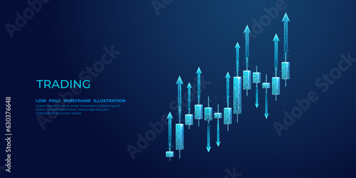 Abstract digital graphic of low poly candlestick in the stock market presented in futuristic style. Boosting of investment in technology blue background. Futuristic finance concept. Polygonal vector