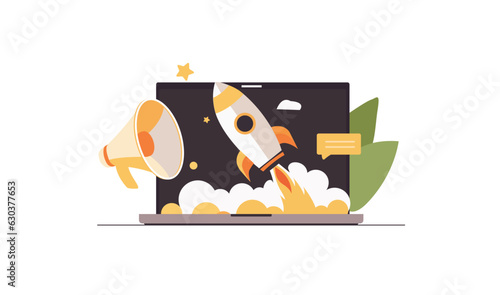 Laptop, rocket, megaphone. Concept, business development, targeting, marketing, announcements, business development strategy, social networks. Flat illustration.