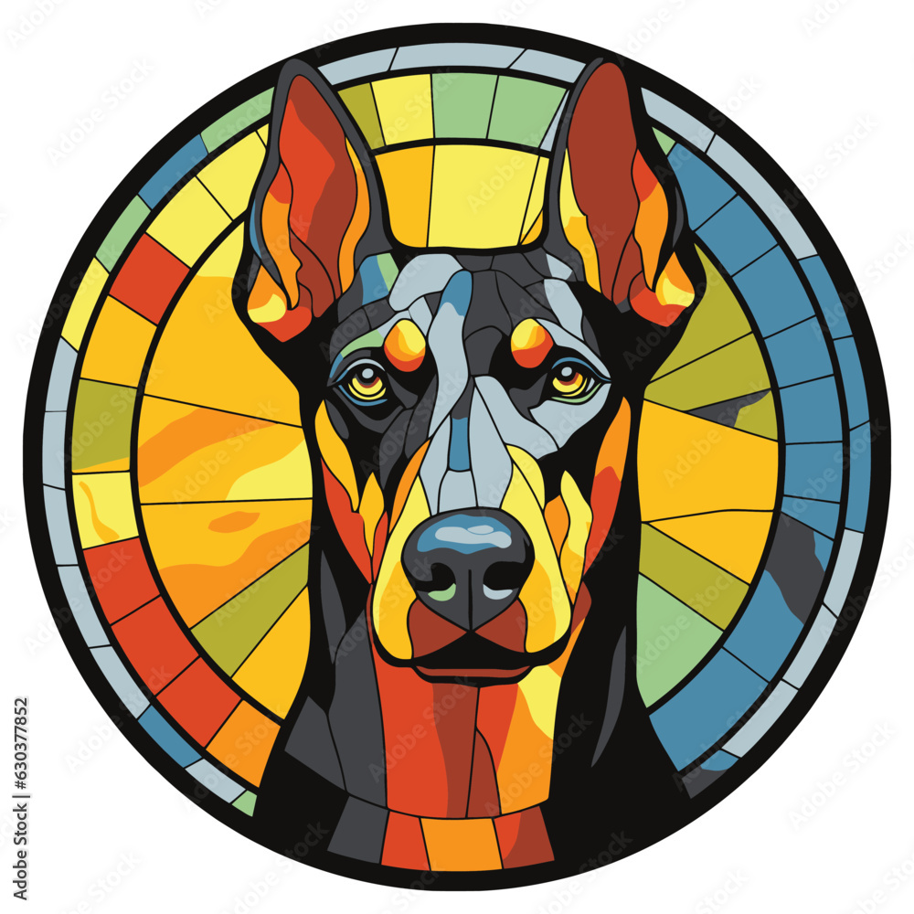Doberman Pinscher Dog Breed Watercolor Stained Glass Colorful Painting Vector Graphic Illustration