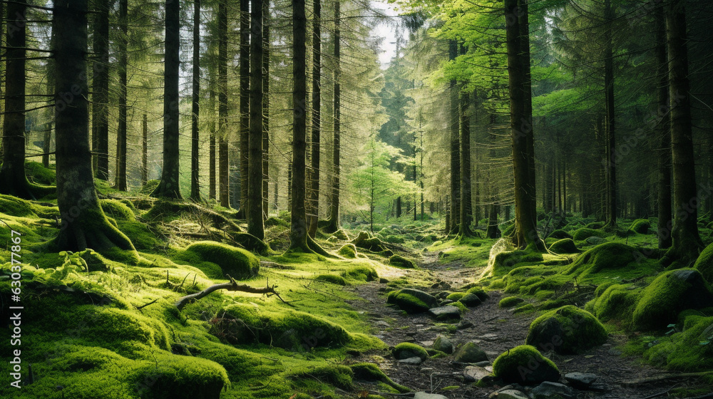 Obraz premium The morning atmosphere of a mature forest overgrown with tall trees and the forest floor is filled with mossy stones. Small plants and greenish moss fill the entire forest floor.