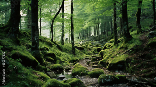 The morning atmosphere of a mature forest overgrown with tall trees and the forest floor is filled with mossy stones. Small plants and greenish moss fill the entire forest floor.