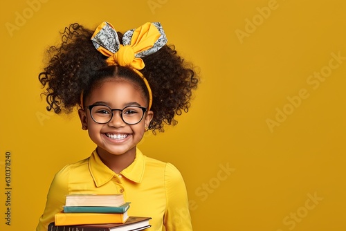 Dark-skinned smiling girls with books and glasses, generated by AI