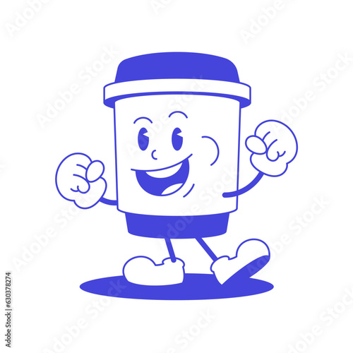Coffee paper cup cartoon character comic mascot retro 30s animation style line art icon vector