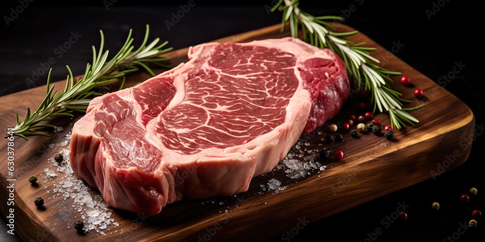 AI Generated. AI Generative. Rib eye bbq grill meat raw fresh steak on bone on kitchen table mock up. Can be used for restaurant or market store promotion marketing. Graphic Art
