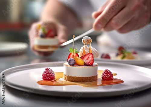 Chef arranging whipped cream pastry with berries on plate.Macro.AI Generative. photo