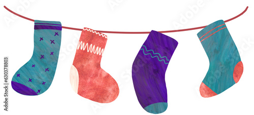 Christmas stockings hanging. Illustration handdrawntexture watercolor. Holiday decoration