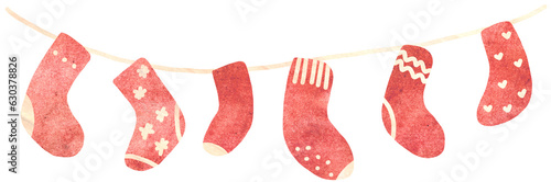 Christmas stockings hanging. Illustration handdrawntexture watercolor. Holiday decoration photo