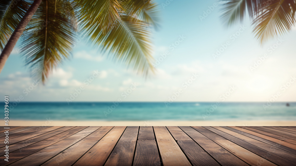 Wood Table Top with Tropical Beach Background for Product Display Wood Table Top with Tropical Beach Background for Product Display