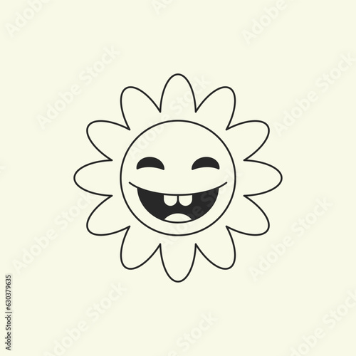 Laughing flower positive comic cartoon character head retro 30s animation style line art icon vector