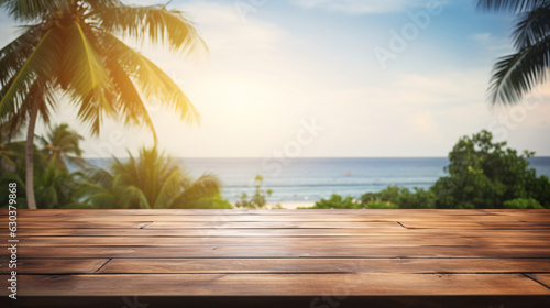 Wood Table Top with Tropical Beach Background for Product Display