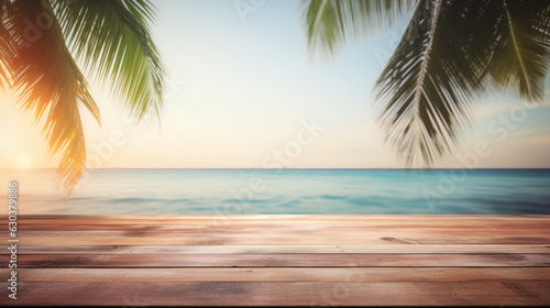 Wood Table Top with Tropical Beach Background for Product Display