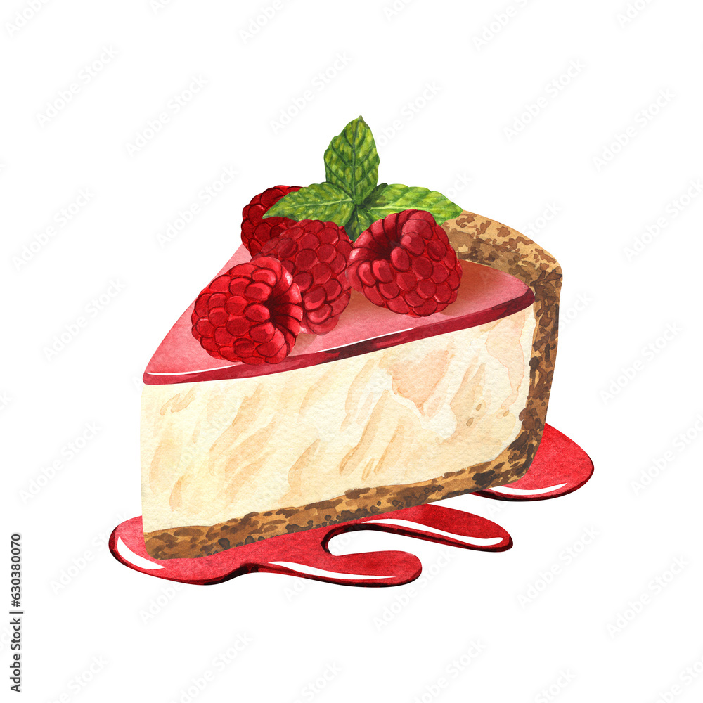 Watercolor dessert, cheesecake with raspberries and jam. Hand-drawn illustration isolated on white background. Perfect food menu, food drawing, design packing, bakery shop, cooking, tea party Watercolor dessert, cheesecake with raspberries and jam. Hand-drawn illustration isolated on white background. Perfect food menu, food drawing, design packing, bakery shop, cooking, tea party