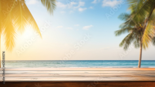 Wood Table Top with Tropical Beach Background for Product Display