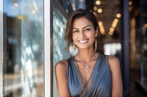 Smiling elegant Asian woman posing in a luxury store.