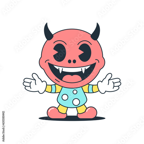 Funny baby devil little horned monster cartoon character retro 30s animation style icon vector flat