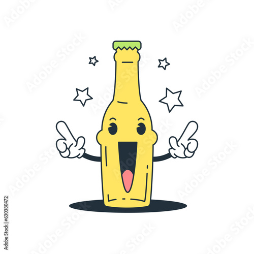 Cheerful party glass bottle drink funny cartoon character retro 30s animation style icon vector flat