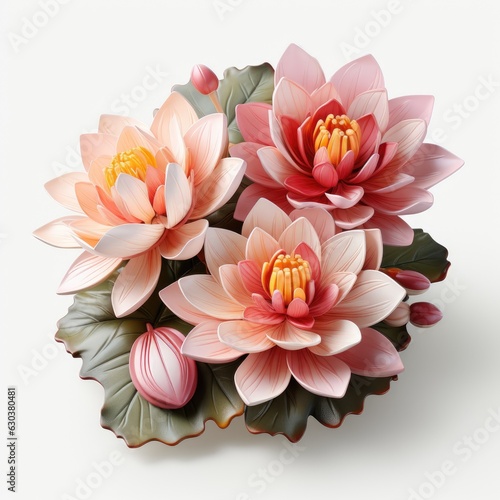 Lotus Flowers in Pink and Yellow on White Background