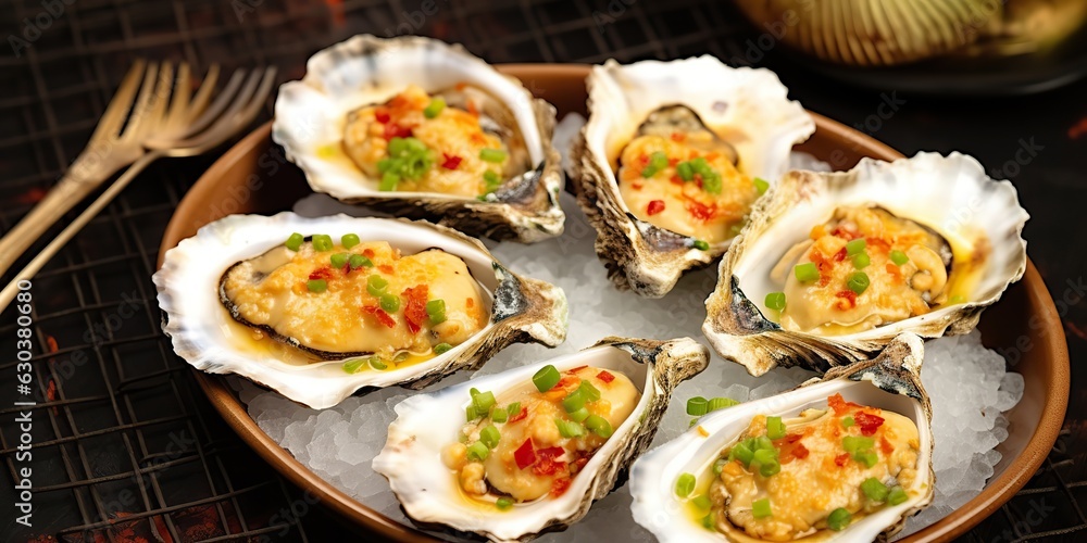 AI Generated. AI Generative. Luxury restaurant sea food oysters mollusk food. Graphic Art
