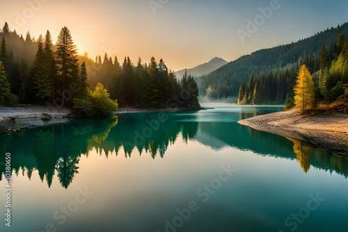 sunrise over the lake by Generated with AI technology © Muhammad