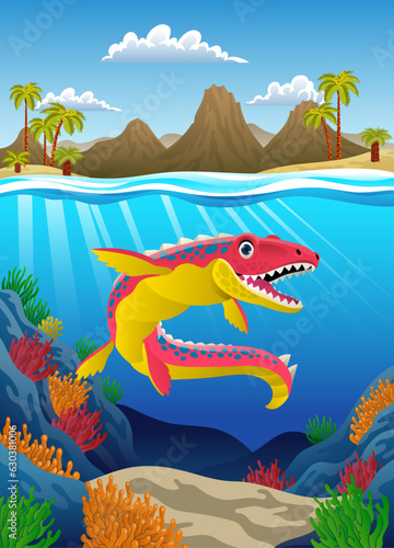 Happy Cartoon Mosasaurus Dinosaurs In Prehistoric Underwater scene Illustration