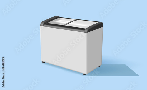 White freezer for ice cream. 3d object of a refrigerator for branding and retail sale of ice cream, frozen products, fish, meat, dairy products.