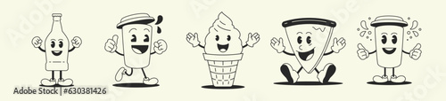 Bottle coffee ice cream pizza cartoon character set retro 30s animation style line art icon vector