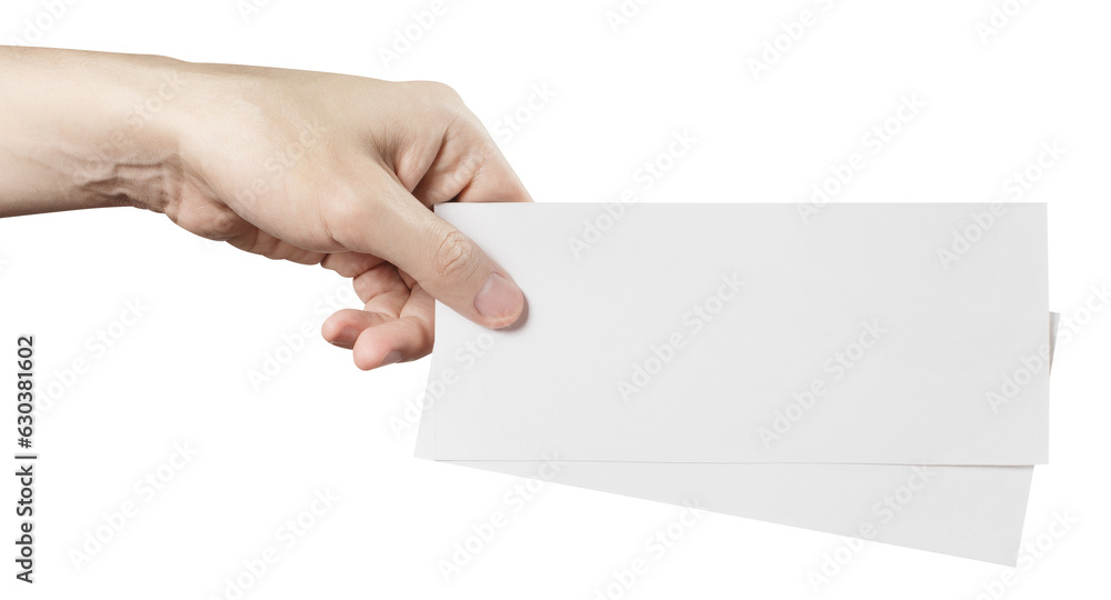 Male hand holding two blank sheets of paper (tickets, flyers, invitations, coupons, banknotes, etc.), cut out Male hand holding two blank sheets of paper (tickets, flyers, invitations, coupons, banknotes, etc.), cut out