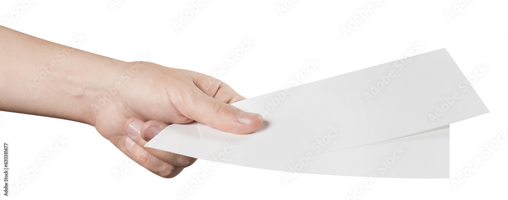 Male hand holding two blank sheets of paper (tickets, flyers, invitations, coupons, banknotes, etc.), cut out Male hand holding two blank sheets of paper (tickets, flyers, invitations, coupons, banknotes, etc.), cut out