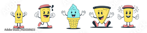 Cartoon character funny food and drink comic mascot set retro 30s animation style icon vector flat