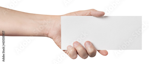 Male hand holding a blank sheet of paper (ticket, flyer, invitation, coupon, banknote, etc.), cut out
