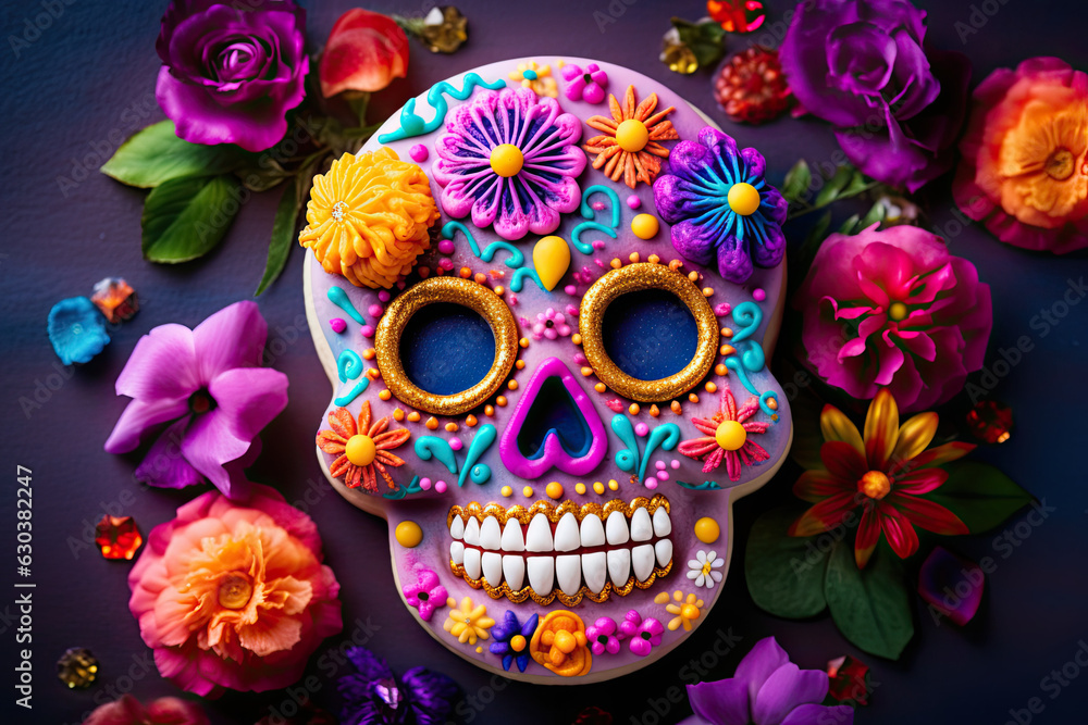 A sugar cookie shaped like a sugar skull with edible flowers and candies