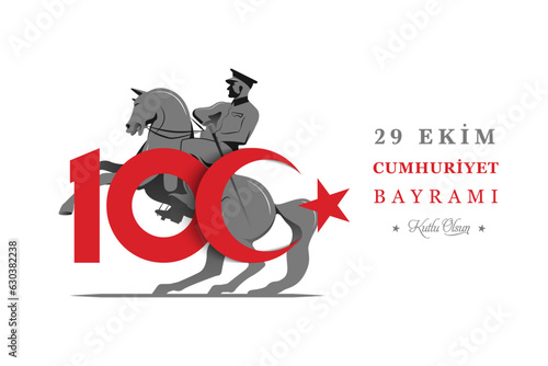 100th year of turkish republic. (Turkish: Cumhuriyetimiz 100 yaşında) The Republic of Turkey is 100 years old. Vector illustration, poster, celebration card, graphic, post and story design.