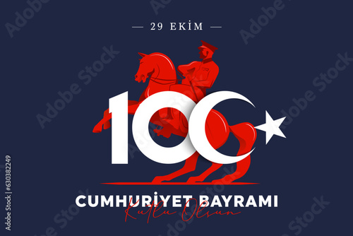 100th year of turkish republic. (Turkish: Cumhuriyetimiz 100 yaşında) The Republic of Turkey is 100 years old. Vector illustration, poster, celebration card, graphic, post and story design.
