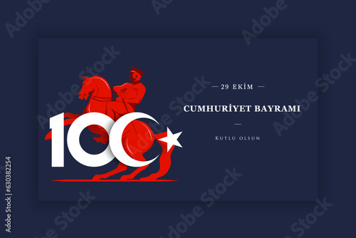 100th year of turkish republic. (Turkish: Cumhuriyetimiz 100 yaşında) The Republic of Turkey is 100 years old. Vector illustration, poster, celebration card, graphic, post and story design.