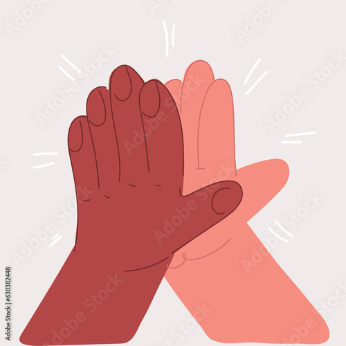 Vector illustration of Two hands giving high five, clapping palms icon. Biracial arms slap, greeting hi gesture of friends. Partners congratulation with great deal.