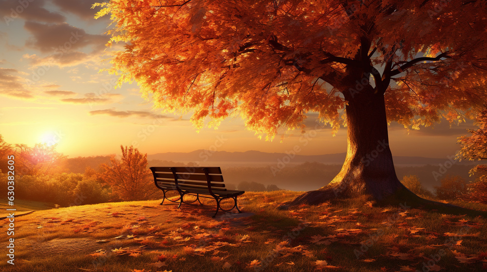 Empty bench in autumn park at sunset. AI