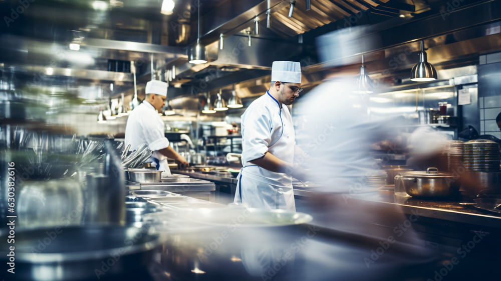Dynamic Chefs in Action: Blurred, Professional Restaurant Kitchen Scene