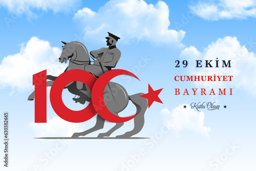 100th year of turkish republic. (Turkish: Cumhuriyetimiz 100 yaşında) The Republic of Turkey is 100 years old. Vector illustration, poster, celebration card, graphic, post and story design.